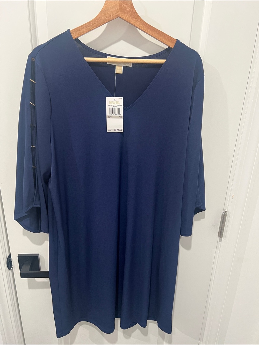 Michael Kors Navy V-Neck‎ Shift Tunic Dress Gold Sleeve Detail Size 1X NWT